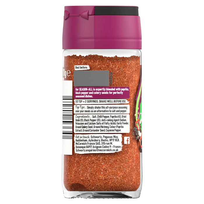 A clear glass jar of Schwartz Salt, Paprika & Pepper Season All Seasoning 70G is shown against a white background, displaying its reddish-orange contents and nutritional information label.