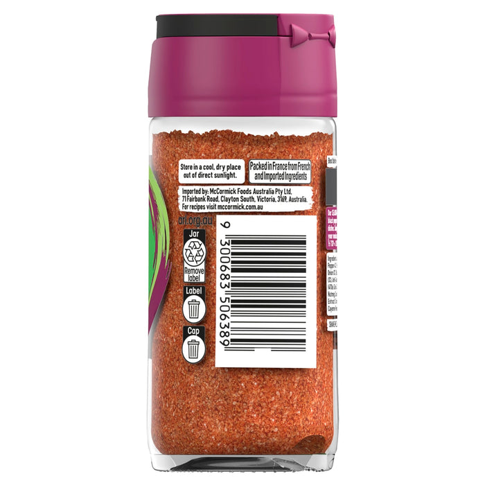 The back of a glass jar of Schwartz Salt, Paprika & Pepper Season All Seasoning 70G, showing the barcode, recycling information, and import details.