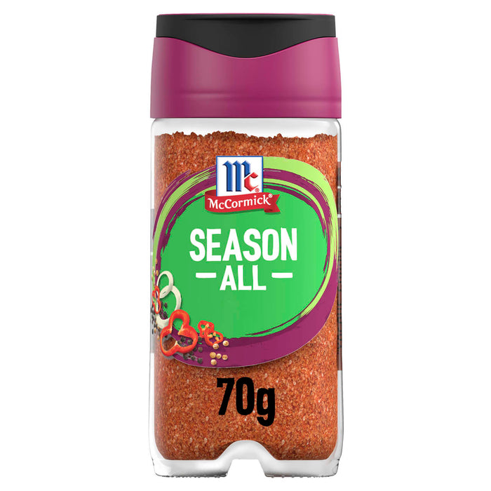 A clear shaker bottle of Schwartz Salt, Paprika & Pepper Season All Seasoning 70G is shown, revealing the reddish-orange spice blend inside against a white background.