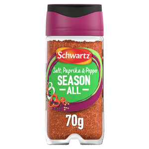 A clear shaker bottle of Schwartz Salt, Paprika & Pepper Season All Seasoning 70G is shown, revealing the reddish-orange spice blend inside against a white background.