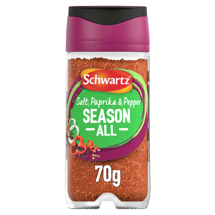 A clear shaker bottle of Schwartz Salt, Paprika & Pepper Season All Seasoning 70G is shown, revealing the reddish-orange spice blend inside against a white background.