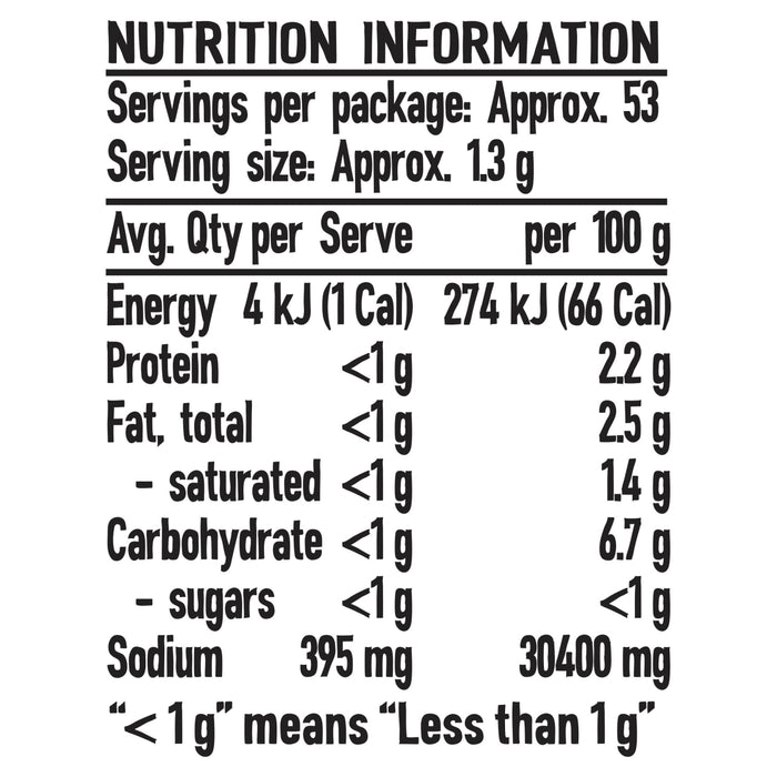 The nutrition information panel for Schwartz Salt, Paprika & Pepper Season All Seasoning 70G, detailing the values per serving and per 100g.