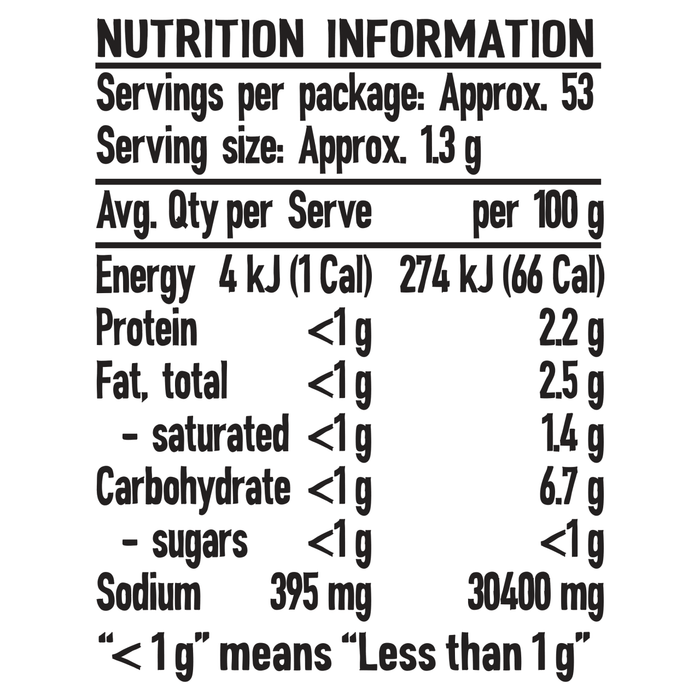 The nutrition information label for Schwartz Salt, Paprika & Pepper Season All Seasoning 70G, detailing values per serving and per 100g.