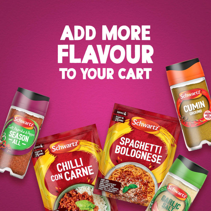 A promotional graphic featuring Schwartz Salt, Paprika & Pepper Season All Seasoning 70G alongside other Schwartz products like Chilli Con Carne and Spaghetti Bolognese mix to encourage adding more flavor to your cart.
