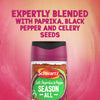 A jar of Schwartz Salt, Paprika & Pepper Season All Seasoning 70G is displayed against a pink background with text highlighting that it is expertly blended with paprika, black pepper and celery seeds.