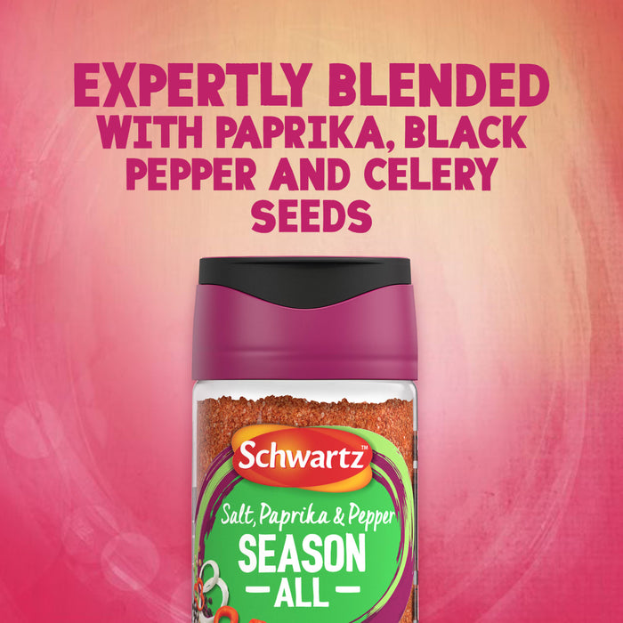 A jar of Schwartz Salt, Paprika & Pepper Season All Seasoning 70G is displayed against a pink background with text highlighting that it is expertly blended with paprika, black pepper and celery seeds.