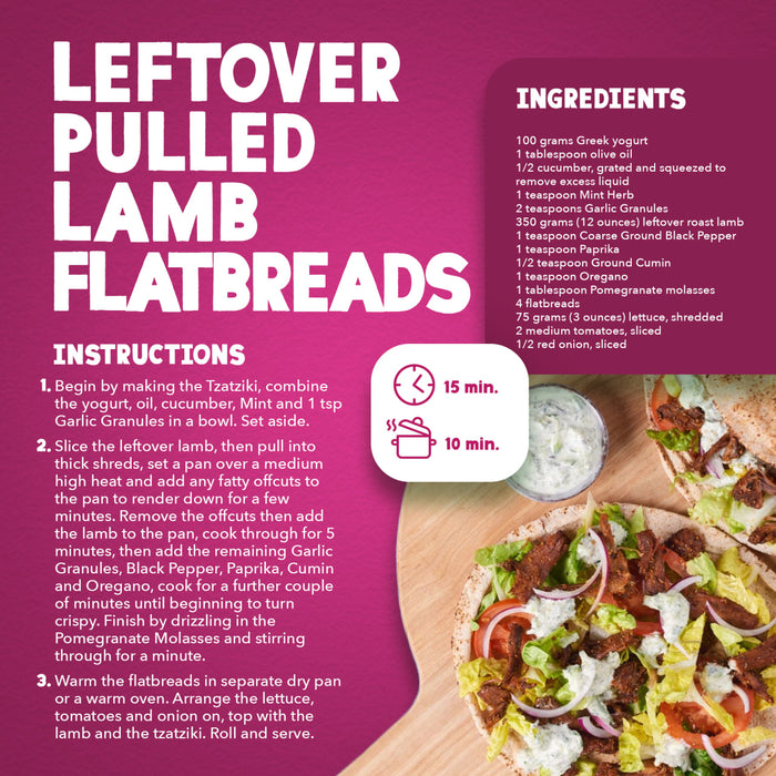 An infographic recipe for leftover pulled lamb flatbreads featuring a list of ingredients and step by step instructions that can be seasoned with Schwartz Salt Paprika and Pepper Season All Seasoning 70G.