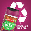 A promotional graphic featuring a large white recycling symbol behind a bottle of Schwartz Salt, Paprika & Pepper Season All Seasoning 70G to highlight its recyclable jar and cap.