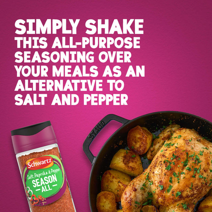 A bottle of Schwartz Salt, Paprika & Pepper Season All Seasoning 70G is displayed next to a cast iron pan of roasted chicken and potatoes to show how it can be used as an alternative to salt and pepper.