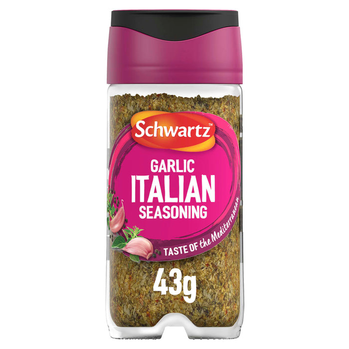 A clear jar of Schwartz Garlic Italian Seasoning 43G is shown against a white background, featuring a magenta label with illustrations of garlic.