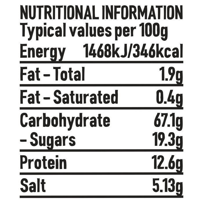 An infographic displays the nutritional information table with typical values per 100g for a package of Schwartz Garlic Italian Seasoning 43G.
