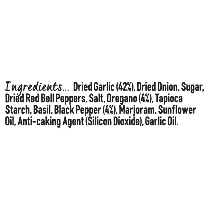 The ingredients list for Schwartz Garlic Italian Seasoning 43G, which includes dried garlic, dried onion, and various herbs and spices.