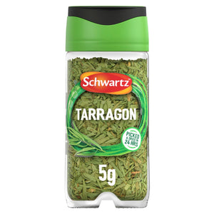 A clear glass Schwartz Tarragon 5G Jar filled with dried green herbs and featuring a green lid and label indicating the leaves were picked and dried within 24 hours.