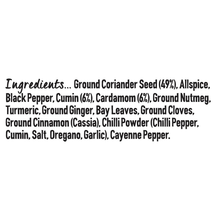 A list of ingredients for Schwartz Garam Masala 30G Jar including ground coriander seed, allspice, black pepper, cumin, cardamom, ground nutmeg, turmeric, ground ginger, bay leaves, ground cloves, ground cinnamon, chilli powder, salt, oregano, garlic, and cayenne pepper.