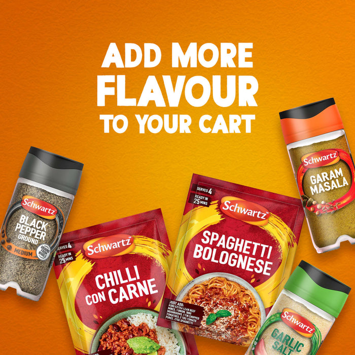 An assortment of Schwartz seasonings and recipe mixes, including Black Pepper, Chilli Con Carne, Spaghetti Bolognese, Schwartz Garam Masala, 30G, and Garlic Salt, are displayed on an orange background with the text Add more flavour to your cart.