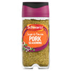 A clear glass jar of Schwartz Sage & Onion Pork Seasoning 34G featuring a vibrant orange and purple label with illustrations of fresh sage leaves and onion rings.
