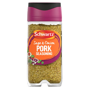 A clear glass jar of Schwartz Sage & Onion Pork Seasoning 34G featuring a vibrant orange and purple label with illustrations of fresh sage leaves and onion rings.
