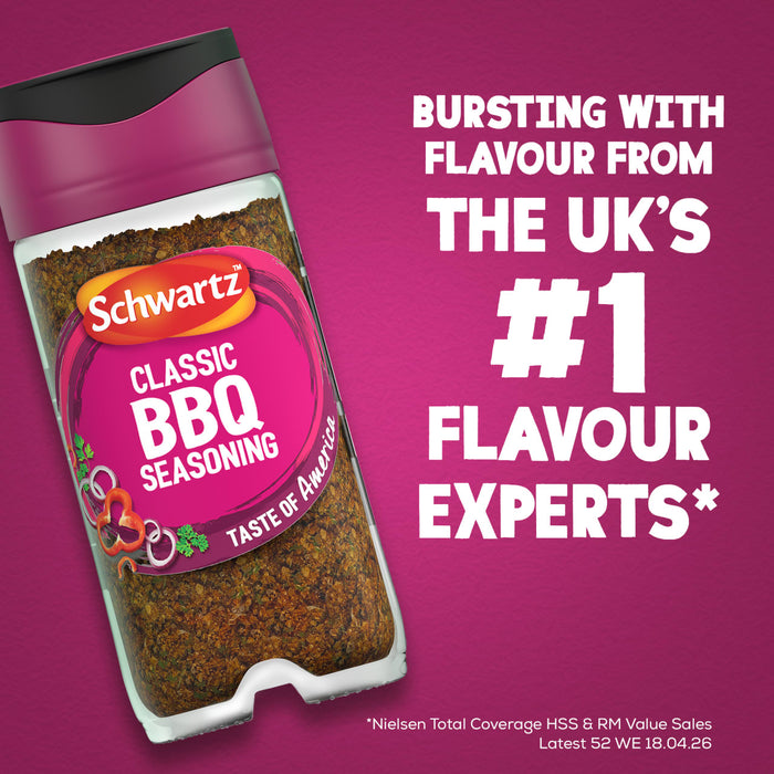 A jar of Schwartz Classic Bbq Seasoning 44G is displayed against a textured purple background alongside text identifying the brand as the number one flavour experts in the UK.