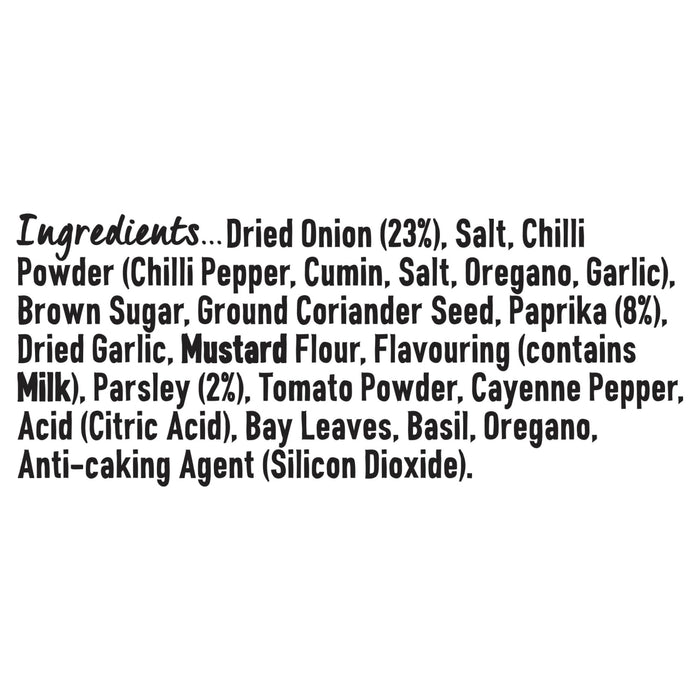 A detailed list of ingredients for the Schwartz Classic Bbq Seasoning 44G, which includes dried onion, salt, chilli powder, and paprika.