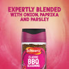 A jar of Schwartz Classic Bbq Seasoning 44G is expertly blended with onion, paprika, and parsley as shown in this promotional graphic.