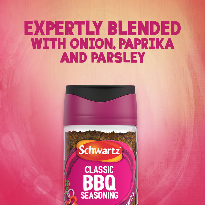 A jar of Schwartz Classic Bbq Seasoning 44G is expertly blended with onion, paprika, and parsley as shown in this promotional graphic.