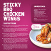 This recipe infographic for sticky BBQ chicken wings features a bowl of glazed wings garnished with sesame seeds and spring onions and includes Schwartz Classic Bbq Seasoning 44G as a key marinade ingredient.