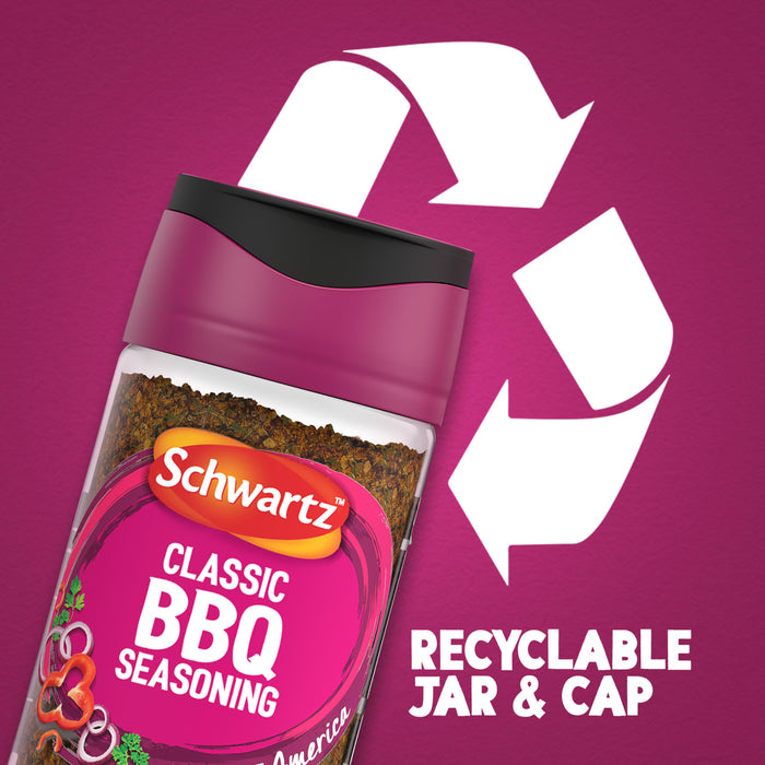 An infographic featuring a bottle of Schwartz Classic Bbq Seasoning 44G positioned in front of a large white recycling symbol to highlight that the jar and cap are recyclable.