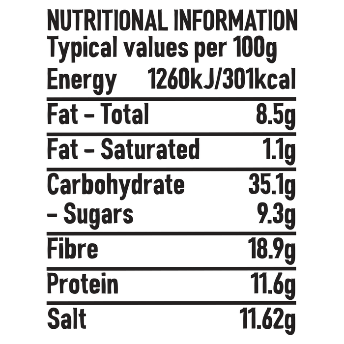 The nutritional information table for Schwartz Pepper & Garlic Steak Seasoning 46G, listing values per 100g for energy, fat, carbohydrates, fibre, protein, and salt.