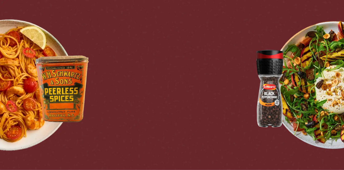 A product advertisement layout featuring a can of WHSchwartz & Sons Peerless Spices on the left and a bottle of Black Pepper seasoning on the right, set against a solid dark red background with plates of food partially visible at the edges.
