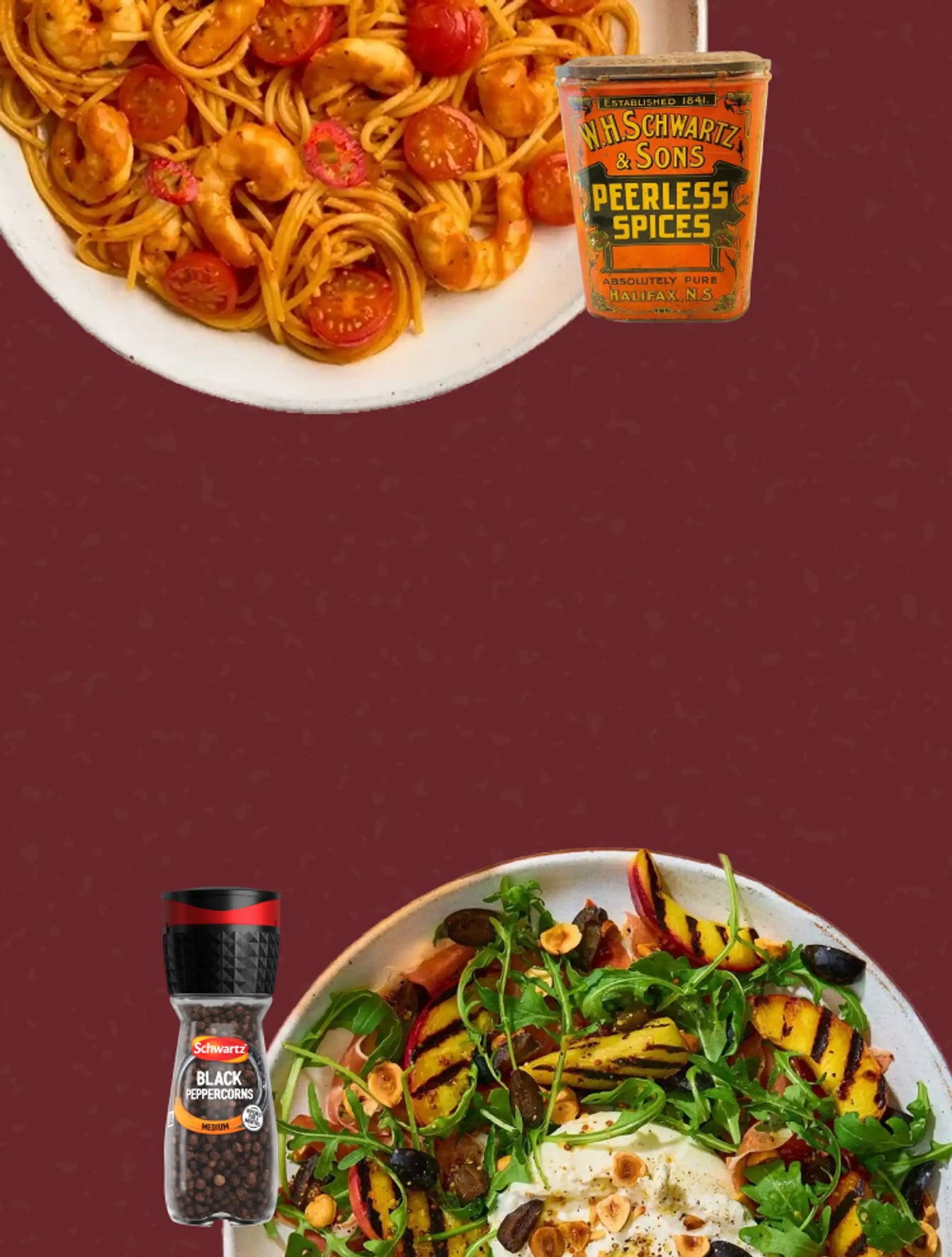 A product advertisement layout featuring a can of WHSchwartz & Sons Peerless Spices on the left and a bottle of Black Pepper seasoning on the right, set against a solid dark red background with plates of food partially visible at the edges.