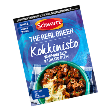 Schwartz The Real Greek Kokkinisto package with beef and tomato stew