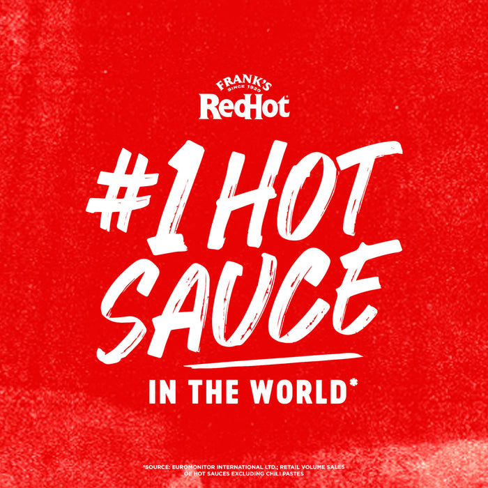 A promotional graphic for Frank s RedHot Uk Webswitch featuring bold white text on a textured red background declaring it the number one hot sauce in the world based on retail volume sales.
