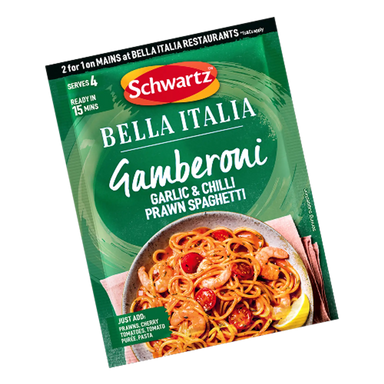 Schwartz Bella Italia Gamberoni Garlic & Chilli Prawn Spaghetti packaging