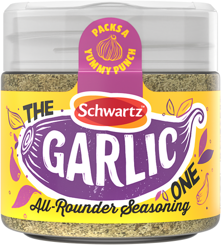 A jar of Schwartz Garlic All-Rounder Seasoning with a colorful label featuring illustrations of garlic.