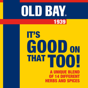 A graphic illustration for Uk Webswitch featuring the Old Bay brand logo and the slogan Its Good On That Too highlighting a unique blend of 14 different herbs and spices since 1939.