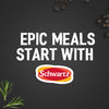 A promotional graphic for Uk Webswitch featuring the Schwartz logo and the text Epic meals start with against a dark background with peppercorns and rosemary.