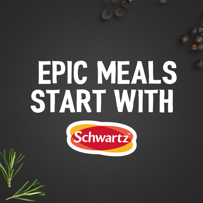 A promotional graphic for Uk Webswitch featuring the Schwartz logo and the text Epic meals start with against a dark background with peppercorns and rosemary.