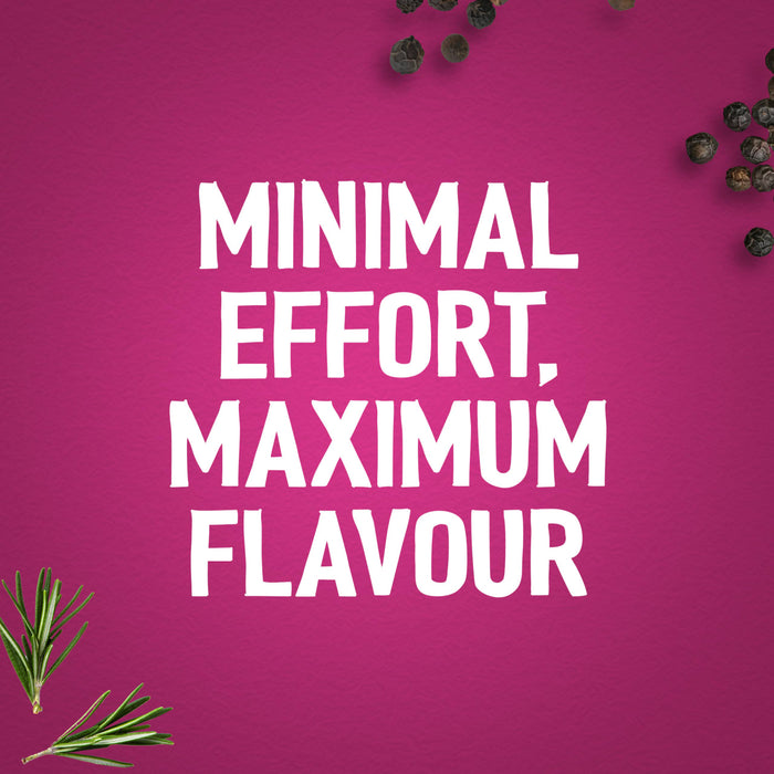 A graphic illustration for Uk Webswitch featuring the text MINIMAL EFFORT MAXIMUM FLAVOUR in white hand drawn font against a textured magenta background accented with black peppercorns and fresh rosemary sprigs.
