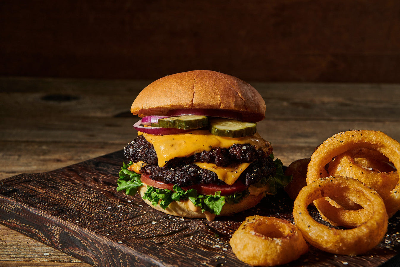 smash burger and onion rings