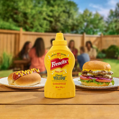 French's yellow mustard bottle with a hot dog and burger on a wooden table outdoors.