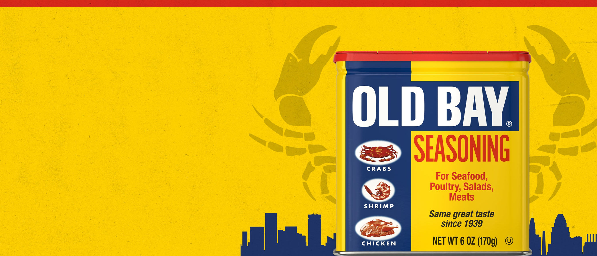 Old Bay seasoning can with yellow background and crab illustrations