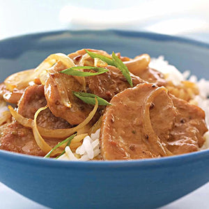 A close-up of a savory meat and onion dish served over rice in a blue bowl, a delicious meal idea that can be created using the Barrel product.