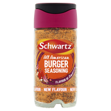 A bottle of Schwartz All American Burger Seasoning with visible spices inside.